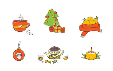 collection of objects christmas tangerines tree tea sticker prints sketch
