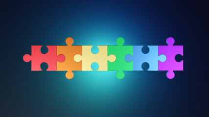 Colorful puzzle composition on blue background. 3D render illustration.
