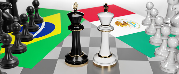 Brazil and Mexico - talks, debate, dialog or a confrontation between those two countries shown as two chess kings with flags that symbolize art of meetings and negotiations, 3d illustration