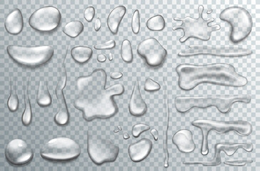 Water drop set, liquid transparent droplet vector illustration set. 3d realistic dew or rain, condensation clear bubbles on wet surface, macro closeup of shiny raindrops, environment object collection