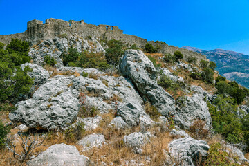 Ruins of the ancient Roman fortress Hai-Nehai in Montenegro, the city of Sutomore. The mountains.