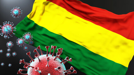 Bolivia and the covid pandemic - corona virus attacking national flag of Bolivia to symbolize the fight, struggle and the virus presence in this country, 3d illustration