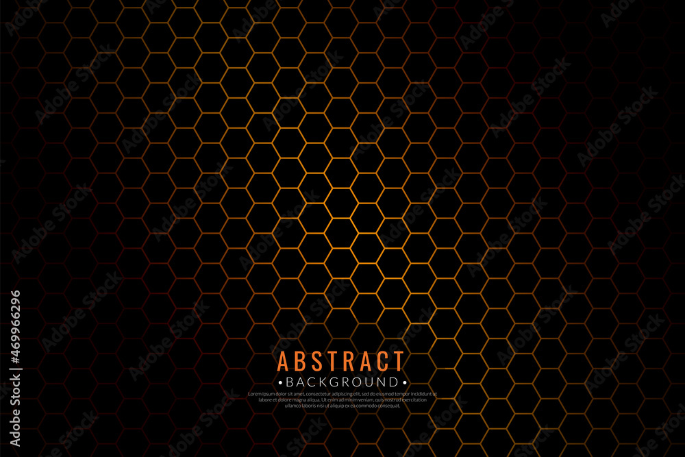 Poster abstract hexagon pattern dark background with gradient orange light lines. vector illustration.