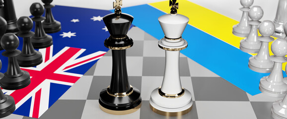 Australia and Ukraine - talks, debate, dialog or a confrontation between those two countries shown as two chess kings with flags that symbolize art of meetings and negotiations, 3d illustration