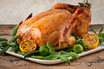 Festive celebration chicken with herbs for Thanksgiving or Christmas on wooden background.