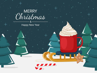 Christmas holiday concept card with green Christmas trees, sledges, mug of hot chocolate, lollipop, gingerbread. Festive horizontal background. Vector illustration in a flat style.
