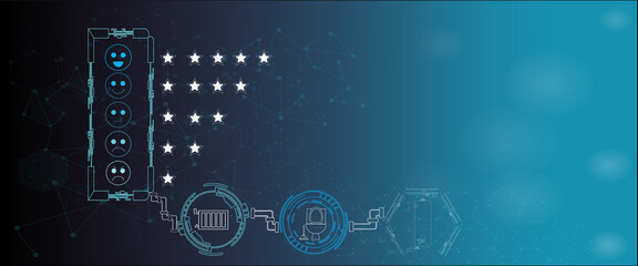 Futuristic Plumbing customer reviews with evaluation Icon, tools and equipment on a blue backdrop.
Survey about quality service plumber Concepts. 
