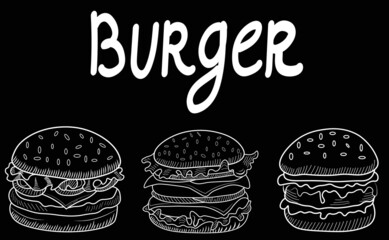 Burgers, fast food, chalk vector hand drawn illustration and lettering isolated on black background. Concept for loog, menu, card