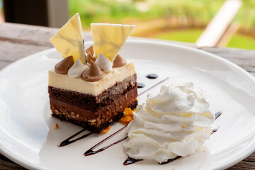 Chocolate cake and whipped cream placed in a beautifully decorated white plate. Ready to serve