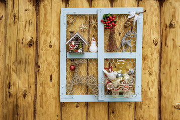 Christmas ornaments on a background of natural planks