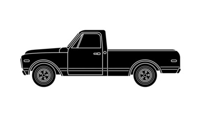Black silhouette large old retro pickup truck on white background. Vector flat vintage transport suv car - obrazy, fototapety, plakaty