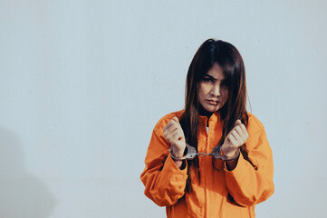 Prisoner in orange robe concept,Portrait of asian woman in Prison uniforms on white background,