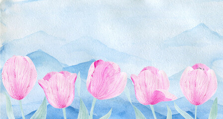Blue mountains, pink tulips. Watercolor illustration, banner.