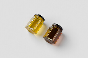 Hexagonal honey jars mockup. Two different colors.