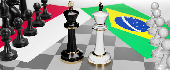 Poland and Brazil - talks, debate, dialog or a confrontation between those two countries shown as two chess kings with flags that symbolize art of meetings and negotiations, 3d illustration