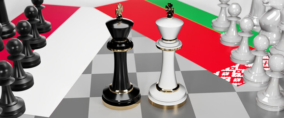 Poland and Belarus - talks, debate, dialog or a confrontation between those two countries shown as two chess kings with flags that symbolize art of meetings and negotiations, 3d illustration