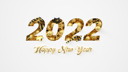 2022 year paper cut background. Gold christmas balls background. New Year Christmas holiday templates. 3d rendering