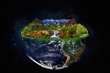 Planet earth with garden of Eden concept floating in space. Elements of this image used with permission from NASA imagery. - 469969274