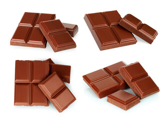 Broken milk chocolate bar set isolated on white background