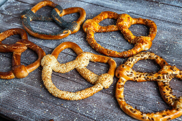 Variety of delicious Turkish bagels with sesame seeds and cereals.