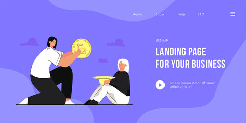 Woman donating money to poor girl. Flat vector illustration. Female character putting giant gold coin in hat that little girl holding. Charity, donation, money concept for banner design, landing page