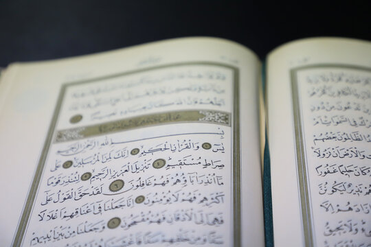 open quran pages. Surah Yasin. include arabic letters. "selective focus on yasin verse"