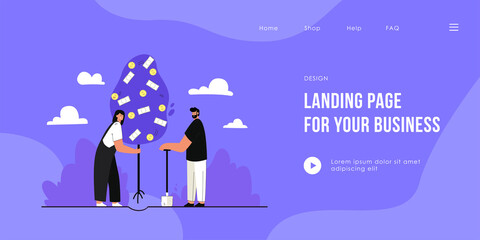 Married couple planting money tree. Flat vector illustration. Man with shovel and woman holding tree with coins and banknotes. Profit, wealth, financial wellbeing, money concept for banner design