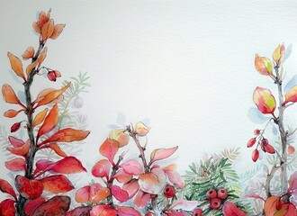 Watercolor autumn barberry, red leaves, floral background