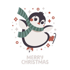 Vector cute Christmas card with skating Penguin, stars, scarf. Merry Christmas