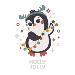 Vector cute Christmas card with Penguin, garland and antlers of deer stars