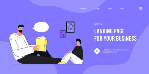Man reading book to child. Flat vector illustration. Father and son sitting on floor, reading together and talking before bedtime. Family, reading, education concept for banner design or landing page