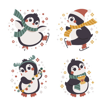 Christmas vector clipart set with skating Penguins, garland, cacao, stars, scarf