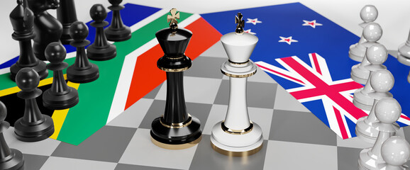 South Africa and New Zealand - talks, debate, dialog or a confrontation between those two countries shown as two chess kings with flags that symbolize art of meetings and negotiations, 3d illustration