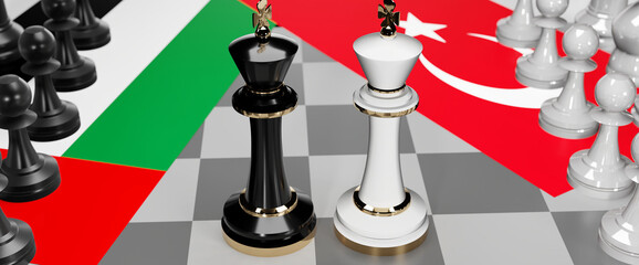 United Arab Emirates and Turkey - talks, debate or dialog between those two countries shown as two chess kings with national flags that symbolize subtle art of diplomacy, 3d illustration