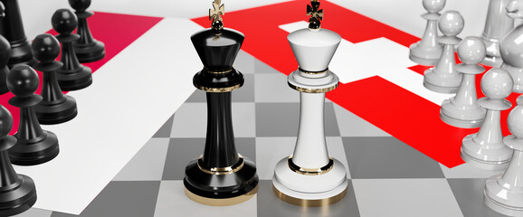 Poland and Switzerland - talks, debate, dialog or a confrontation between those two countries shown as two chess kings with flags that symbolize art of meetings and negotiations, 3d illustration