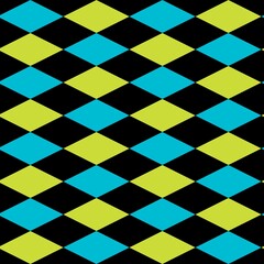 Pattern of yellow-blue rhombuses on a black background. Hand drawn background for any season, prints, fabric, textile, greeting card, invitation