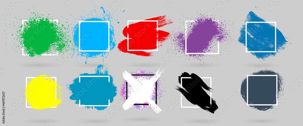 Poster grunge backgrounds set. brush paint ink stroke over square frame. vector illustration