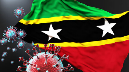 Saint Kitts and Nevis and the covid pandemic - corona virus attacking national flag of Saint Kitts and Nevis to symbolize the fight, struggle and the virus presence in this country, 3d illustration