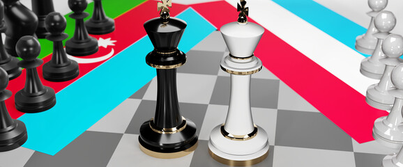 Azerbaijan and Luxembourg - talks, debate, dialog or a confrontation between those two countries shown as two chess kings with flags that symbolize art of meetings and negotiations, 3d illustration