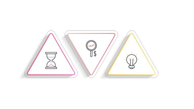 Video minimal line infographics with triangles and icons. Business animation 3 steps by step, options, labels. Timeline with three ways for chart, diagram, flowchart