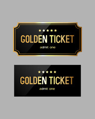 Two gold tickets in a gold frame. Golden ticket with stars and the inscription "Admit one". Vector illustration.	