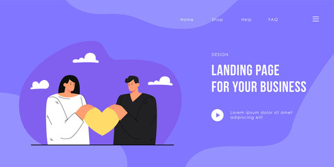 Cartoon man and woman holding one heart together. Flat vector illustration. Metaphor of two young people falling in love. Family, love, relationship concept for banner design or landing page