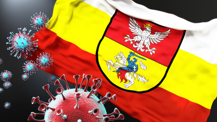 Bialystok and covid pandemic - virus attacking a city flag of Bialystok as a symbol of a fight and struggle with the virus pandemic in this city, 3d illustration