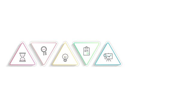 Video minimal line infographics with triangles and icons. Business animation 8 steps by step, options, labels. Timeline with eight ways for chart, diagram, flowchart