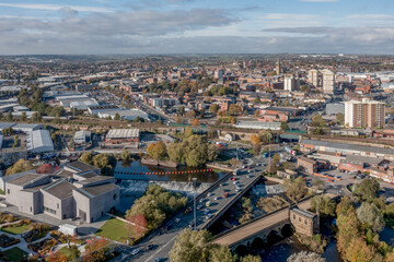 Fototapeta na wymiar Wakefield West Yorkshire, united Kingdom, aerial view of the city centre and historic cathedral with Chantry Bridge and Hepworth Gallery