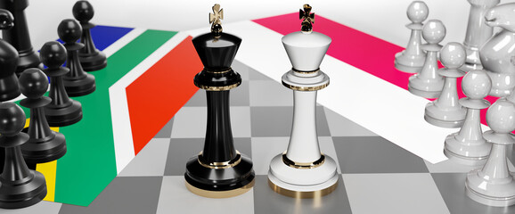 South Africa and Poland - talks, debate, dialog or a confrontation between those two countries shown as two chess kings with flags that symbolize art of meetings and negotiations, 3d illustration