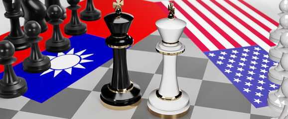 Taiwan and USA - talks, debate, dialog or a confrontation between those two countries shown as two chess kings with flags that symbolize art of meetings and negotiations, 3d illustration
