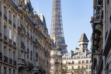 Street with Eiffel Tower view, Paris, France