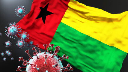 Guinea Bissau and the covid pandemic - corona virus attacking national flag of Guinea Bissau to symbolize the fight, struggle and the virus presence in this country, 3d illustration