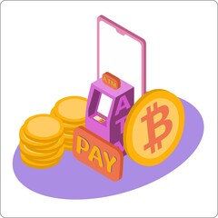 Online payment. ATM mockup and mobile phone and bitcoin. 3d isometric vector illustration. Popular flat colors.